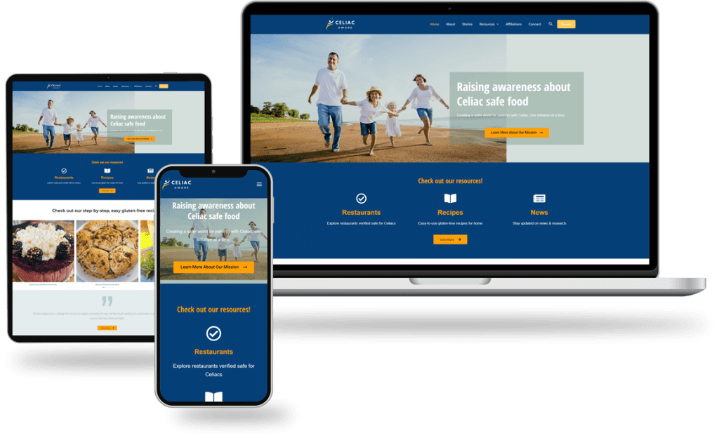 Celiac awareness website mockup displayed on laptop, tablet, and mobile screens