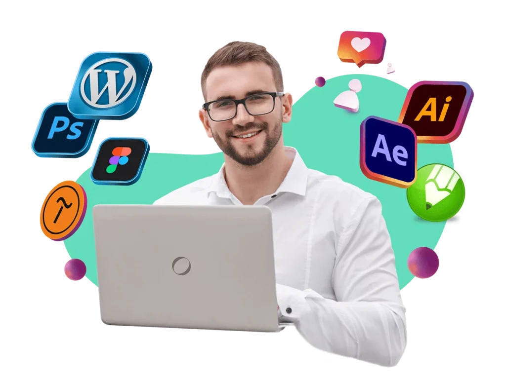 Graphic design concept with a man and digital icons